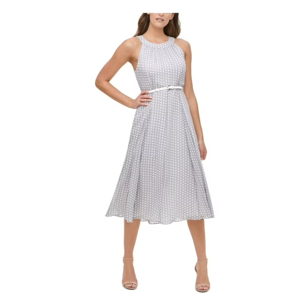 Tommy Hilfiger soft grey white polka dot sleeveless dress lined midi size 14
